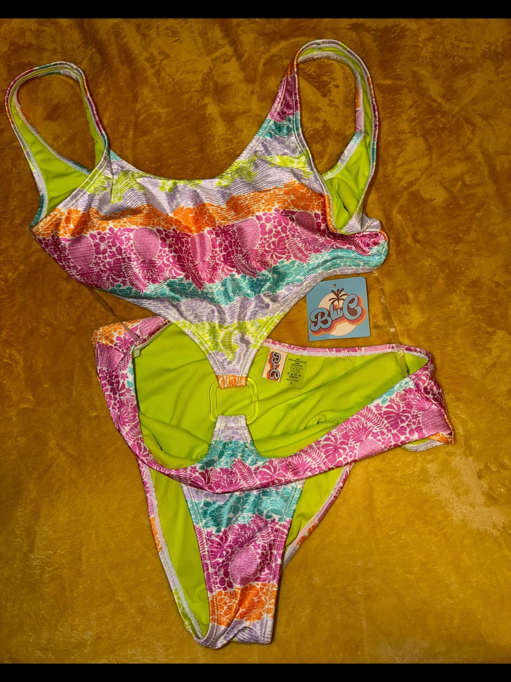 NWT BLUE Multicolor Floral Stripe Two-Piece Swimsuit size L